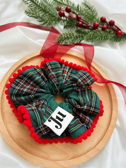 Christmasy Scrunchies, Oversize Pompom Green Tartan Scrunchies for Holiday Gifts for Stocking fillers, Christmas stuffer Gift for her