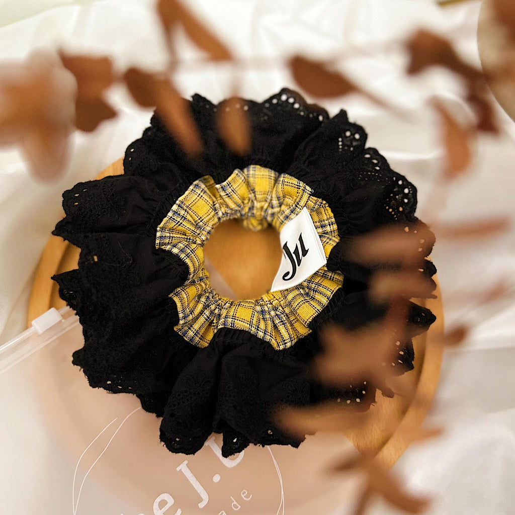 Oversized Double layer Tartan Scrunchies for holiday, Yellow Frilly Scrunchies for Spring, Valentine’s Gift for her, Scrunchies for New year