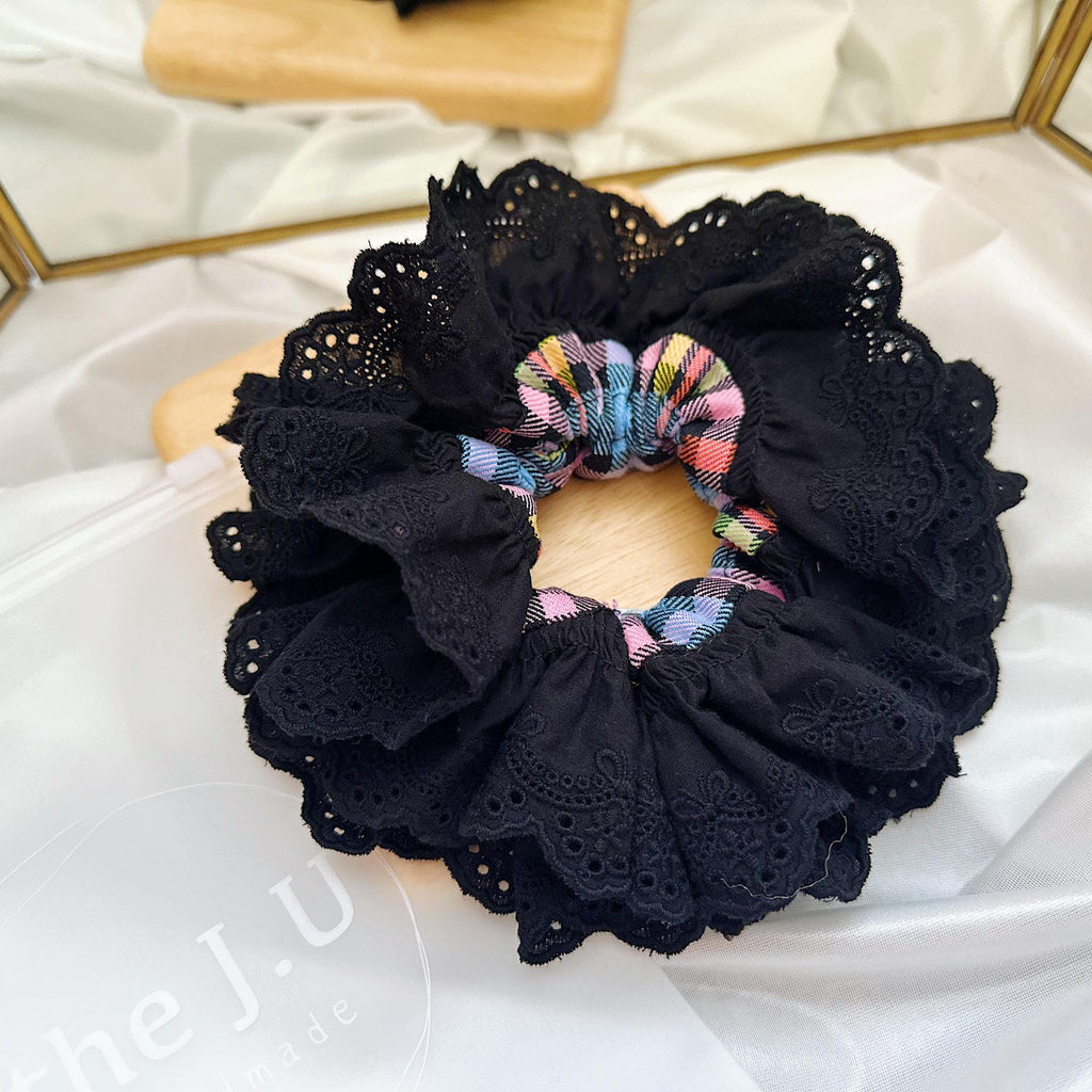 Oversized Black Tartan Scrunchies, Double layer Gingham Scrunchies, Black Broderie Anglaise Scrunchies for Holiday Valentines gift for her