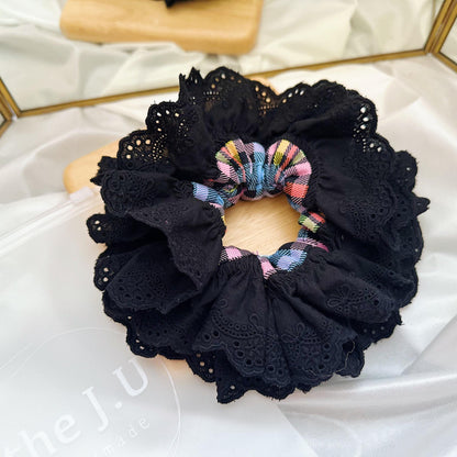 Oversized Black Tartan Scrunchies, Double layer Gingham Scrunchies, Black Broderie Anglaise Scrunchies for Holiday Valentines gift for her