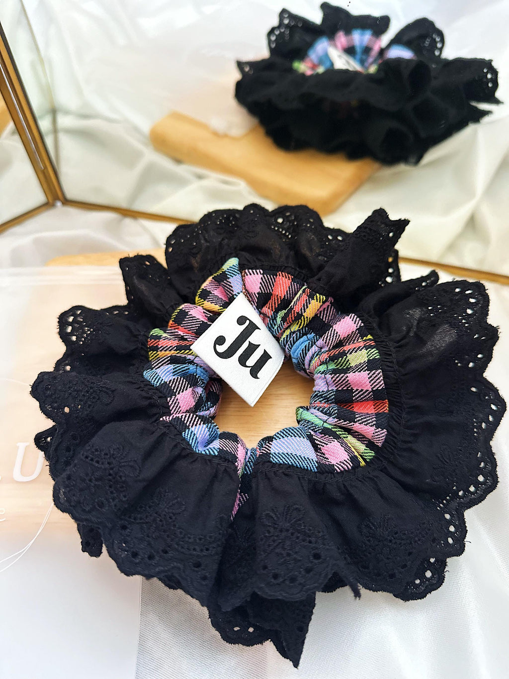Oversized Black Tartan Scrunchies, Double layer Gingham Scrunchies, Black Broderie Anglaise Scrunchies for Holiday Valentines gift for her