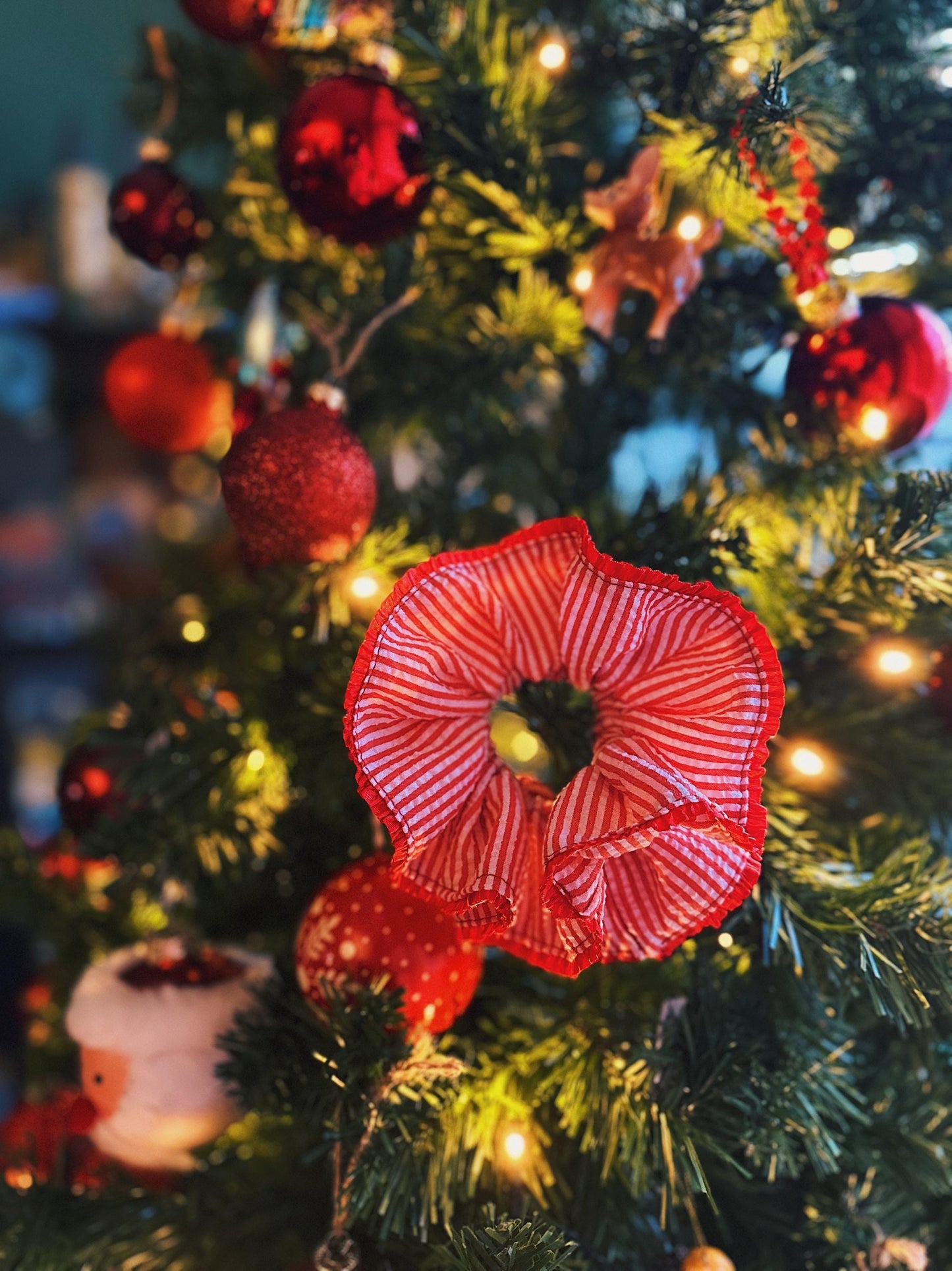 Oversized Red Stripy Scrunchies, Double layer Stripe Scrunchies, Holiday Scrunchies for her Valentines gifts , Red Jumbo hair tie