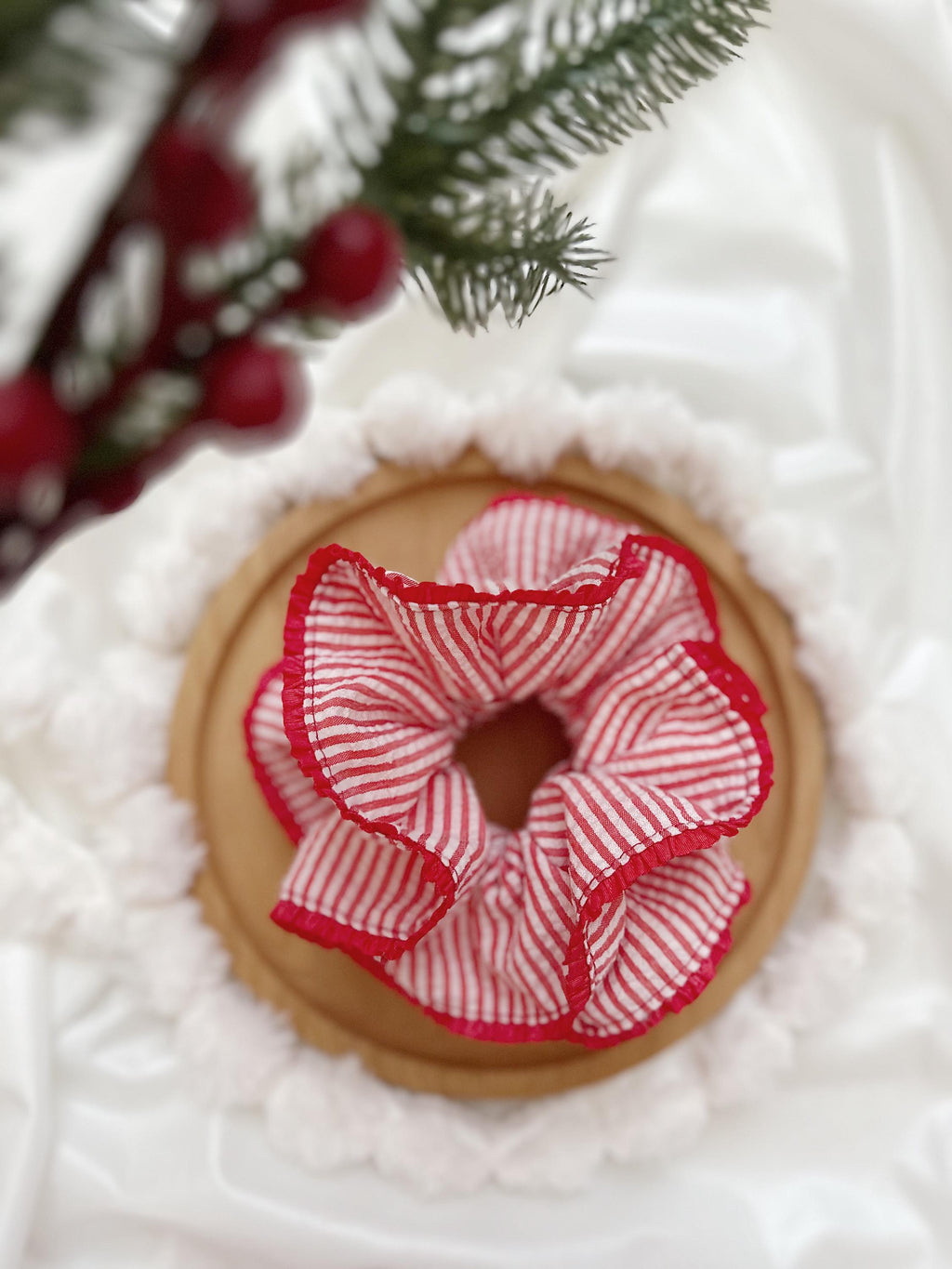 Oversized Red Stripy Scrunchies, Double layer Stripe Scrunchies, Holiday Scrunchies for her Valentines gifts , Red Jumbo hair tie