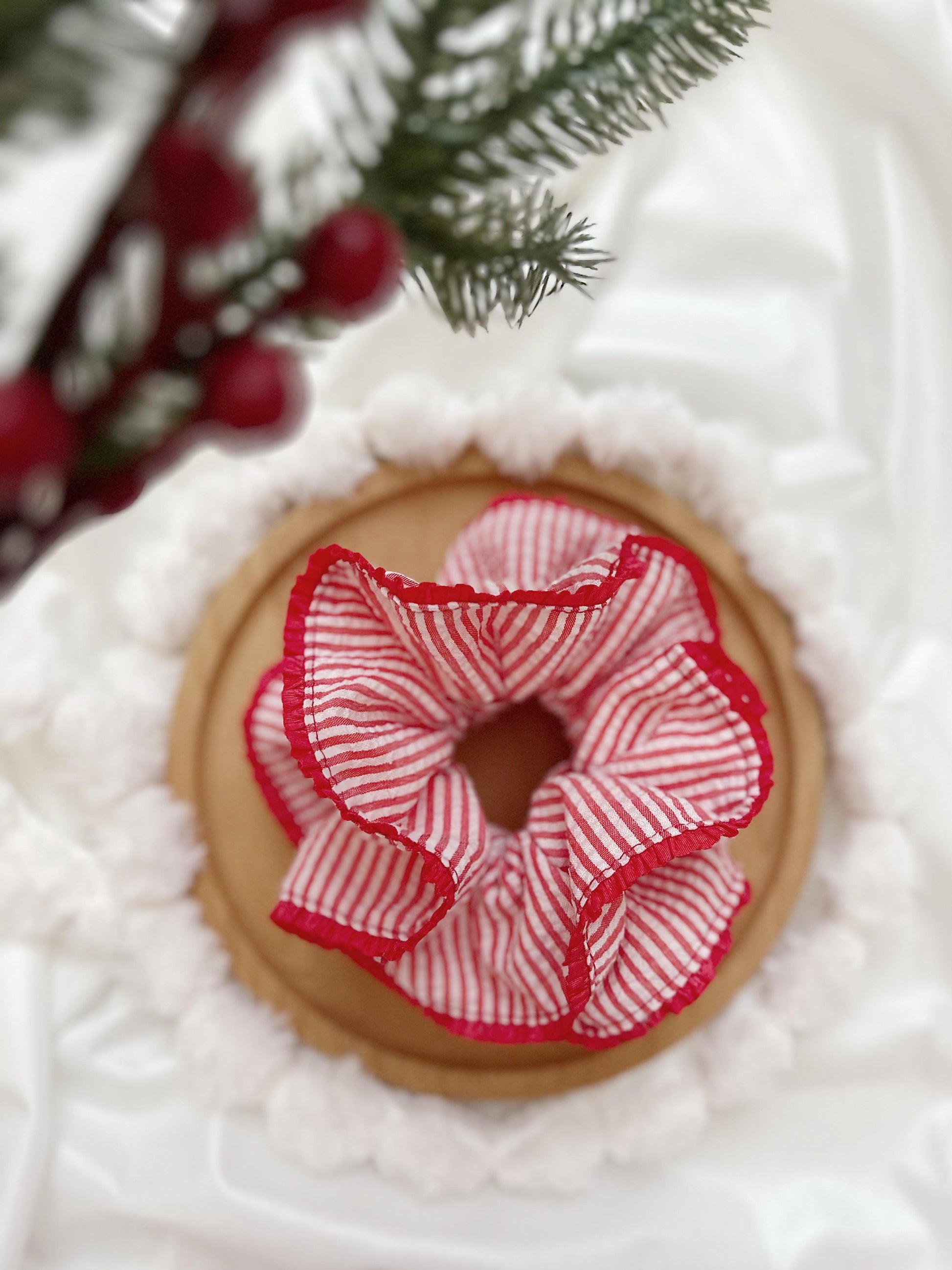 Oversized Red Stripy Scrunchies, Double layer Stripe Scrunchies, Holiday Scrunchies for her Valentines gifts , Red Jumbo hair tie