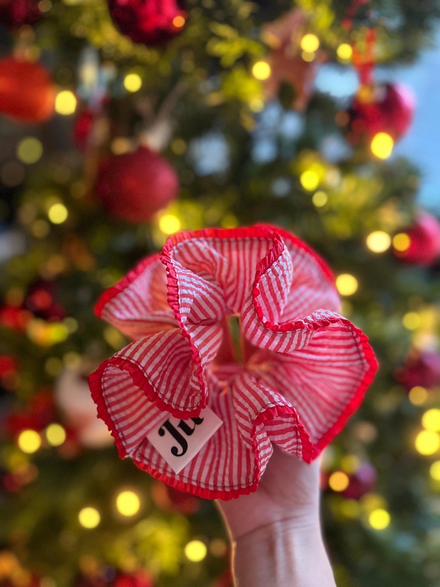 Oversized Red Stripy Scrunchies, Double layer Stripe Scrunchies, Holiday Scrunchies for her Valentines gifts , Red Jumbo hair tie