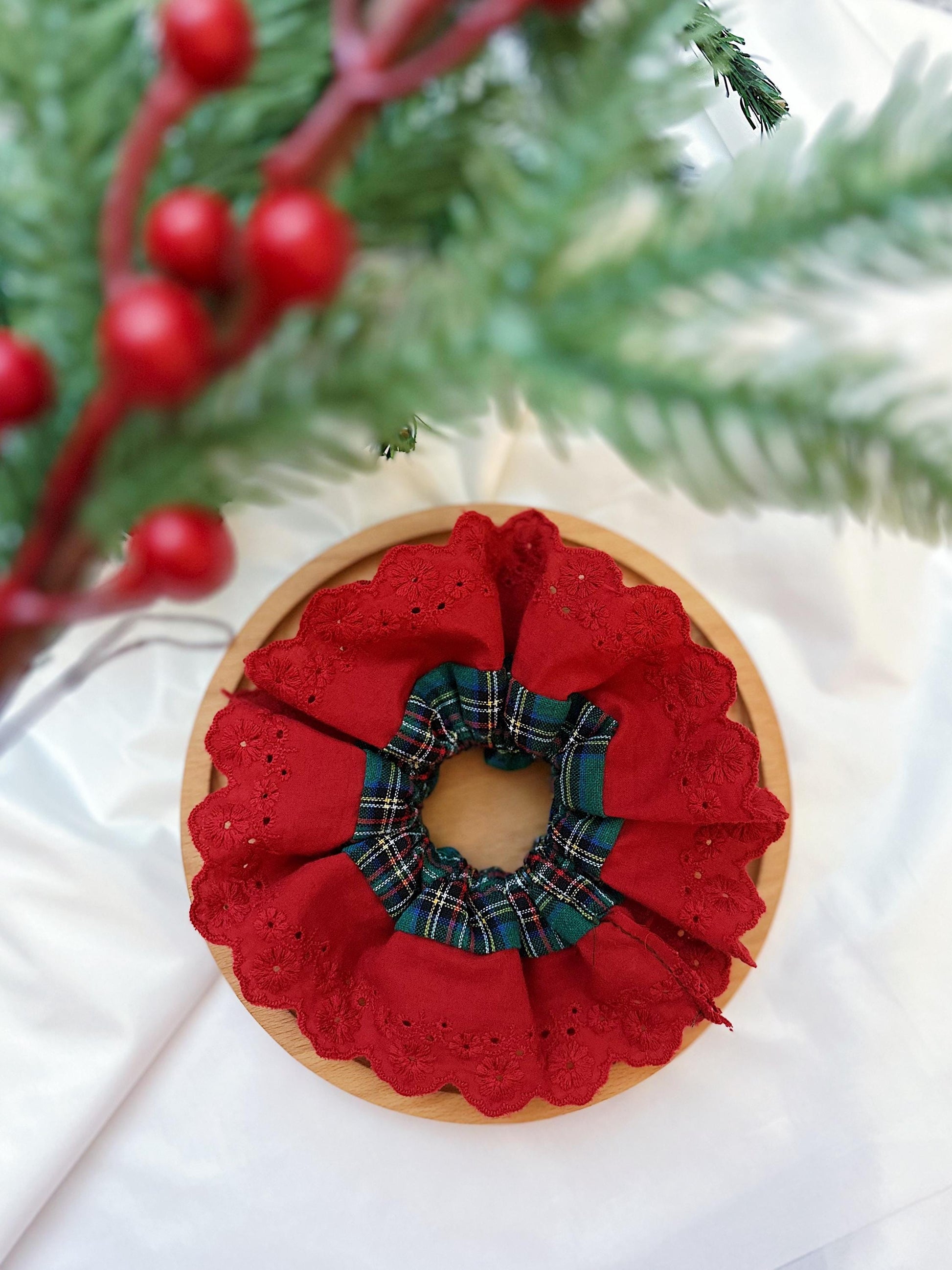 Christmasy Scrunchies, Oversize Red Tartan Scrunchies, Double layer Scrunchies,Holiday GIft,Stocking fillers, Christmas stuffer Gift for her