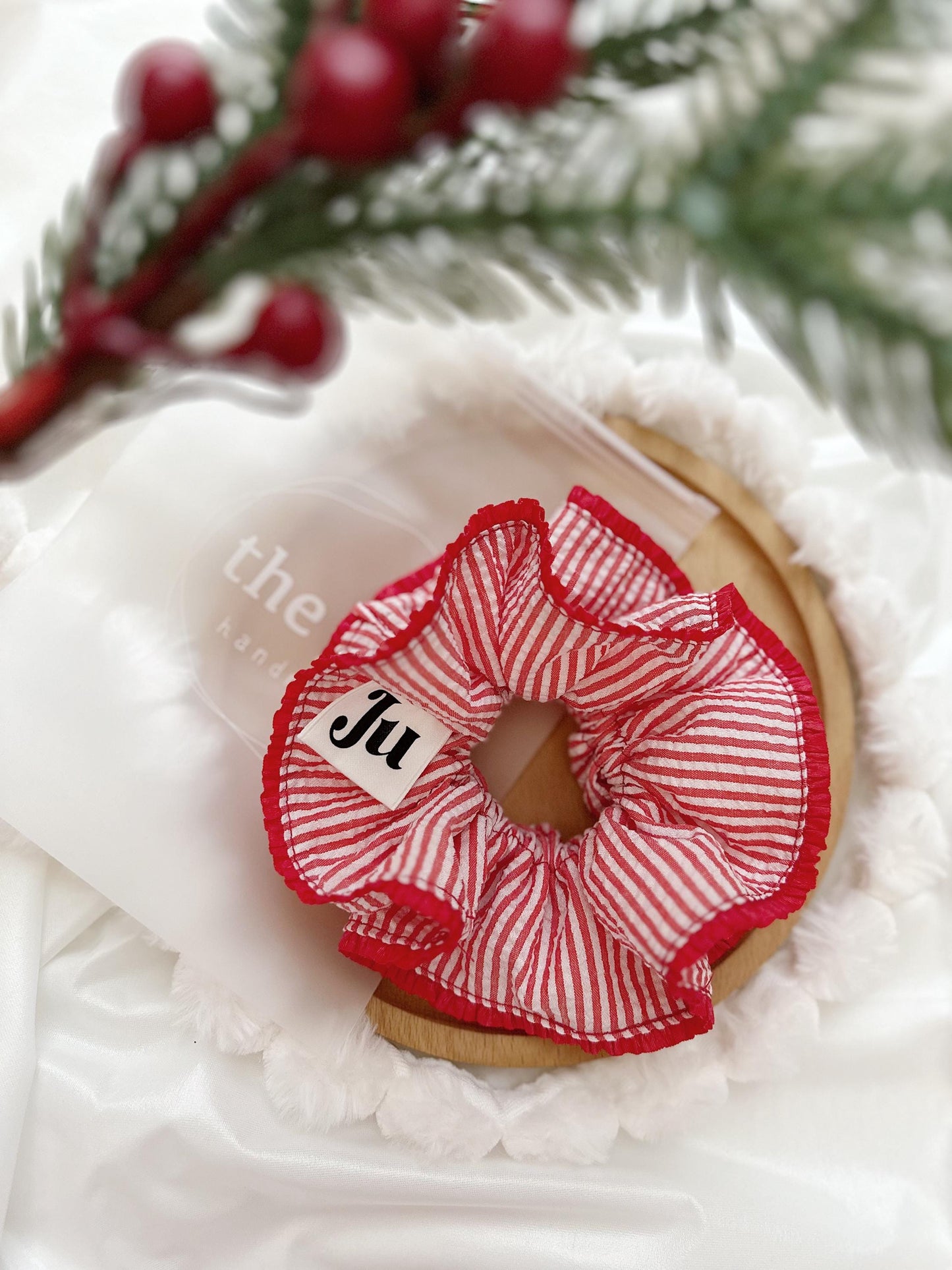 Oversized Red Stripy Scrunchies, Double layer Stripe Scrunchies, Holiday Scrunchies for her Valentines gifts , Red Jumbo hair tie