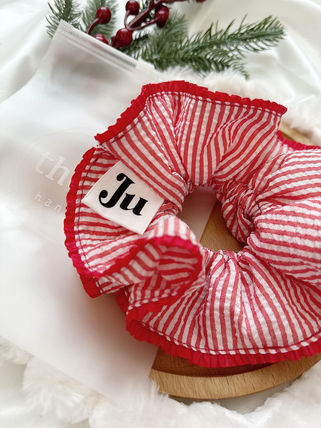 Oversized Red Stripy Scrunchies, Double layer Stripe Scrunchies, Holiday Scrunchies for her Valentines gifts , Red Jumbo hair tie