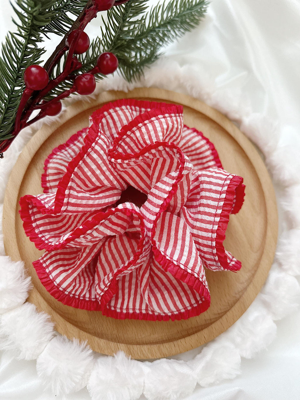 Oversized Red Stripy Scrunchies, Double layer Stripe Scrunchies, Holiday Scrunchies for her Valentines gifts , Red Jumbo hair tie