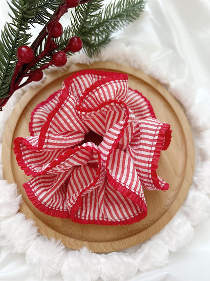 Oversized Red Stripy Scrunchies, Double layer Stripe Scrunchies, Holiday Scrunchies for her Valentines gifts , Red Jumbo hair tie