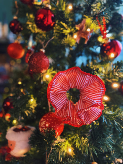 Oversized Red Stripy Scrunchies, Double layer Stripe Scrunchies, Holiday Scrunchies for her Valentines gifts , Red Jumbo hair tie