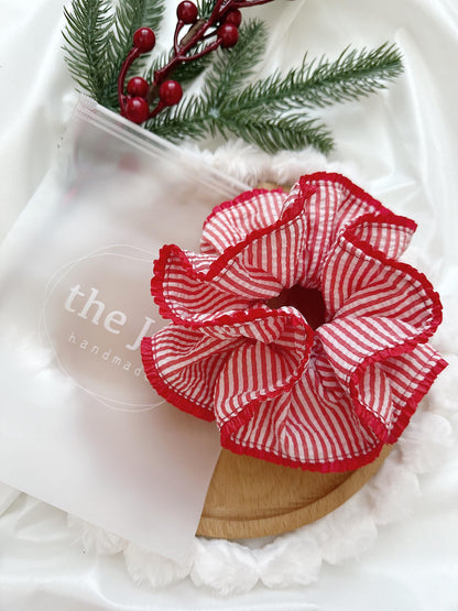 Oversized Red Stripy Scrunchies, Double layer Stripe Scrunchies, Holiday Scrunchies for her Valentines gifts , Red Jumbo hair tie