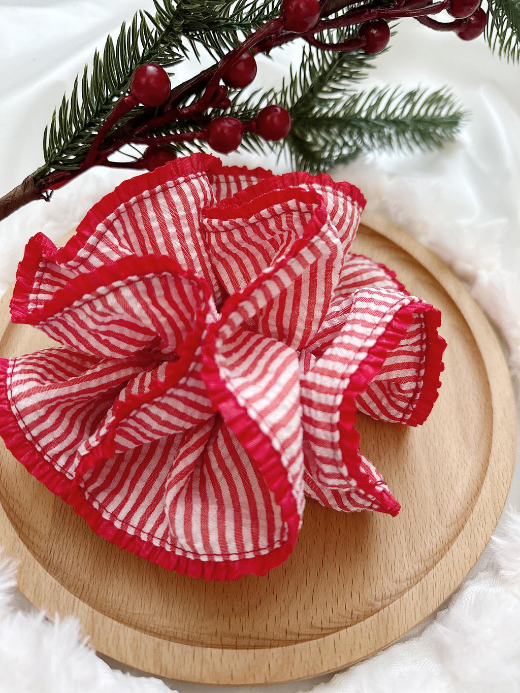 Oversized Red Stripy Scrunchies, Double layer Stripe Scrunchies, Holiday Scrunchies for her Valentines gifts , Red Jumbo hair tie