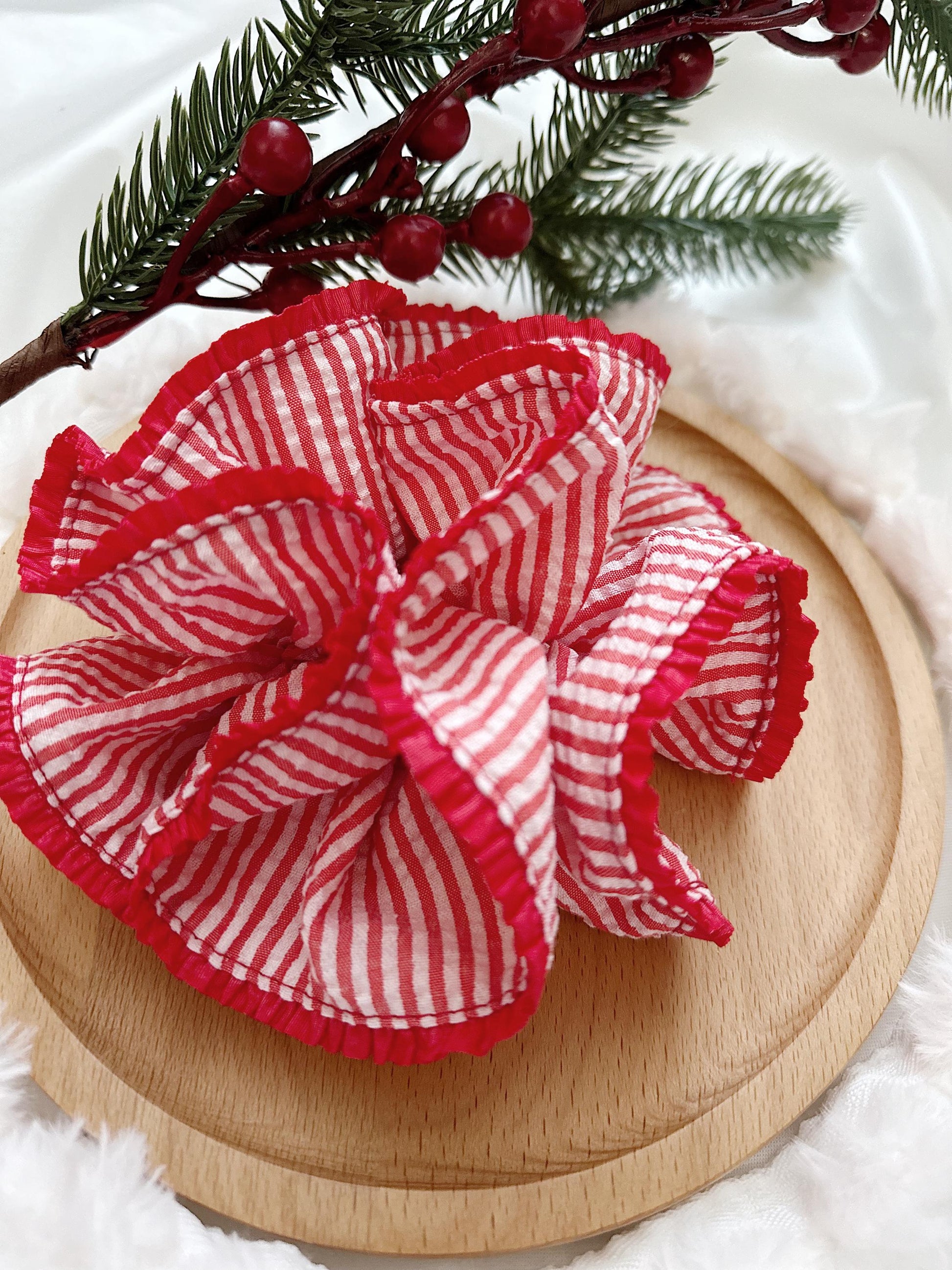 Oversized Red Stripy Scrunchies, Double layer Stripe Scrunchies, Holiday Scrunchies for her Valentines gifts , Red Jumbo hair tie