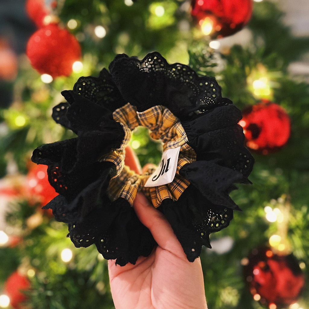 Oversized Double layer Tartan Scrunchies for holiday, Yellow Frilly Scrunchies for Spring, Valentine’s Gift for her, Scrunchies for New year