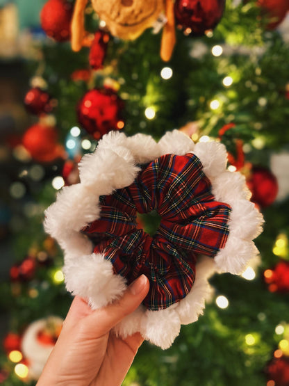 Christmas Scrunchies, holiday fuzzy Scrunchies, Furry Hair Tie, Tartan Scrunchies Christmas Gift for her, Stocking Stuffers for Girls