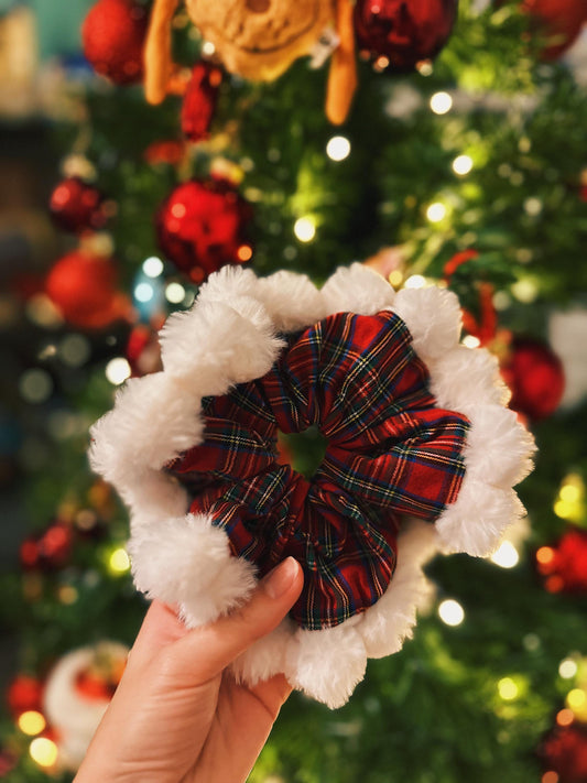 Christmas Scrunchies, holiday fuzzy Scrunchies, Furry Hair Tie, Tartan Scrunchies Christmas Gift for her, Stocking Stuffers for Girls