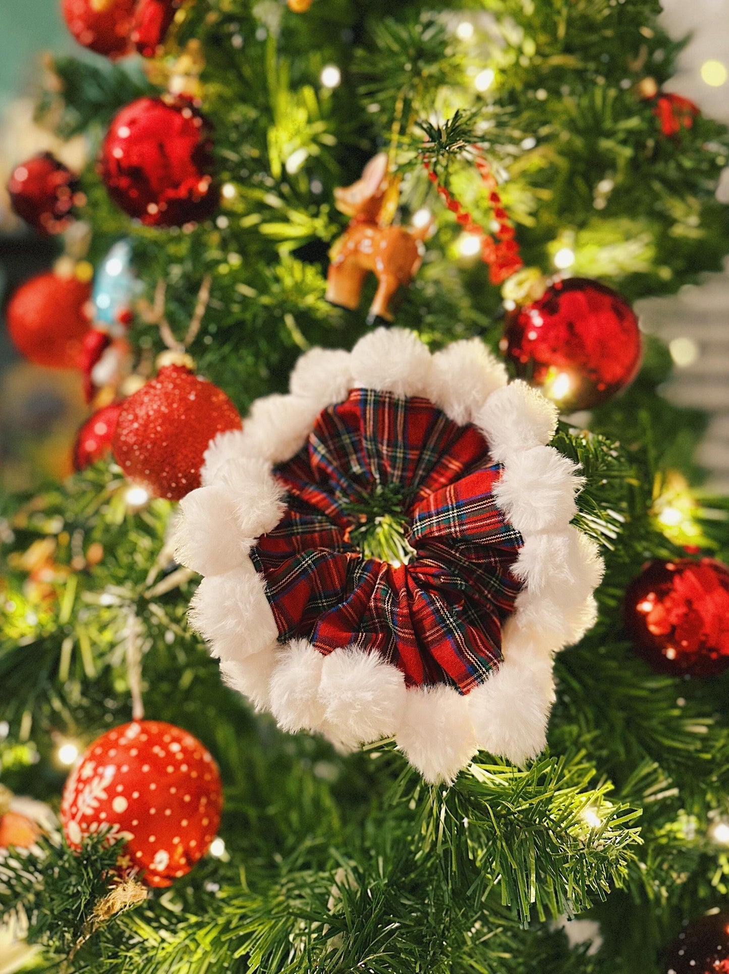 Christmas Scrunchies, holiday fuzzy Scrunchies, Furry Hair Tie, Tartan Scrunchies Christmas Gift for her, Stocking Stuffers for Girls