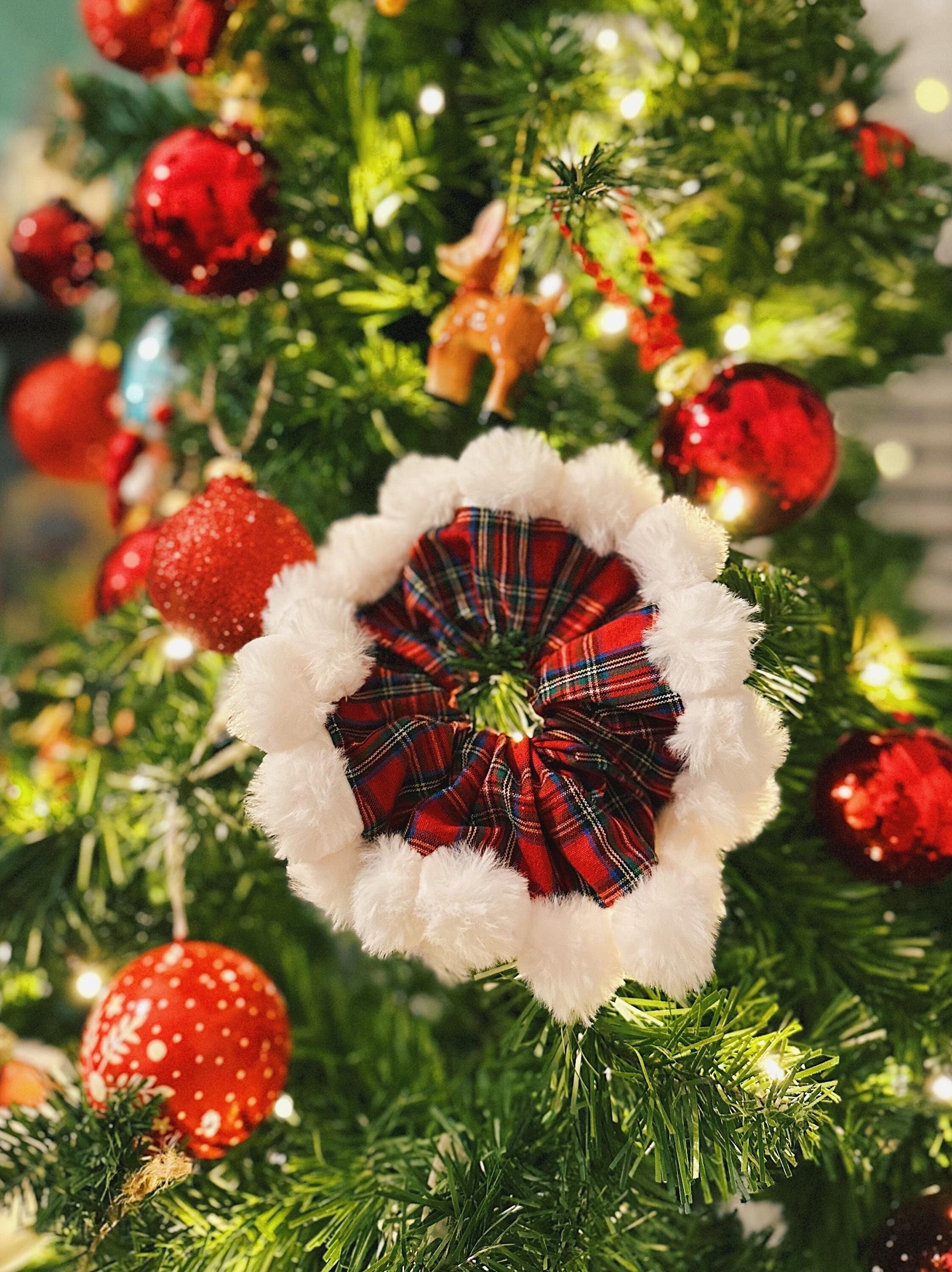 Christmas Scrunchies, holiday fuzzy Scrunchies, Furry Hair Tie, Tartan Scrunchies Christmas Gift for her, Stocking Stuffers for Girls
