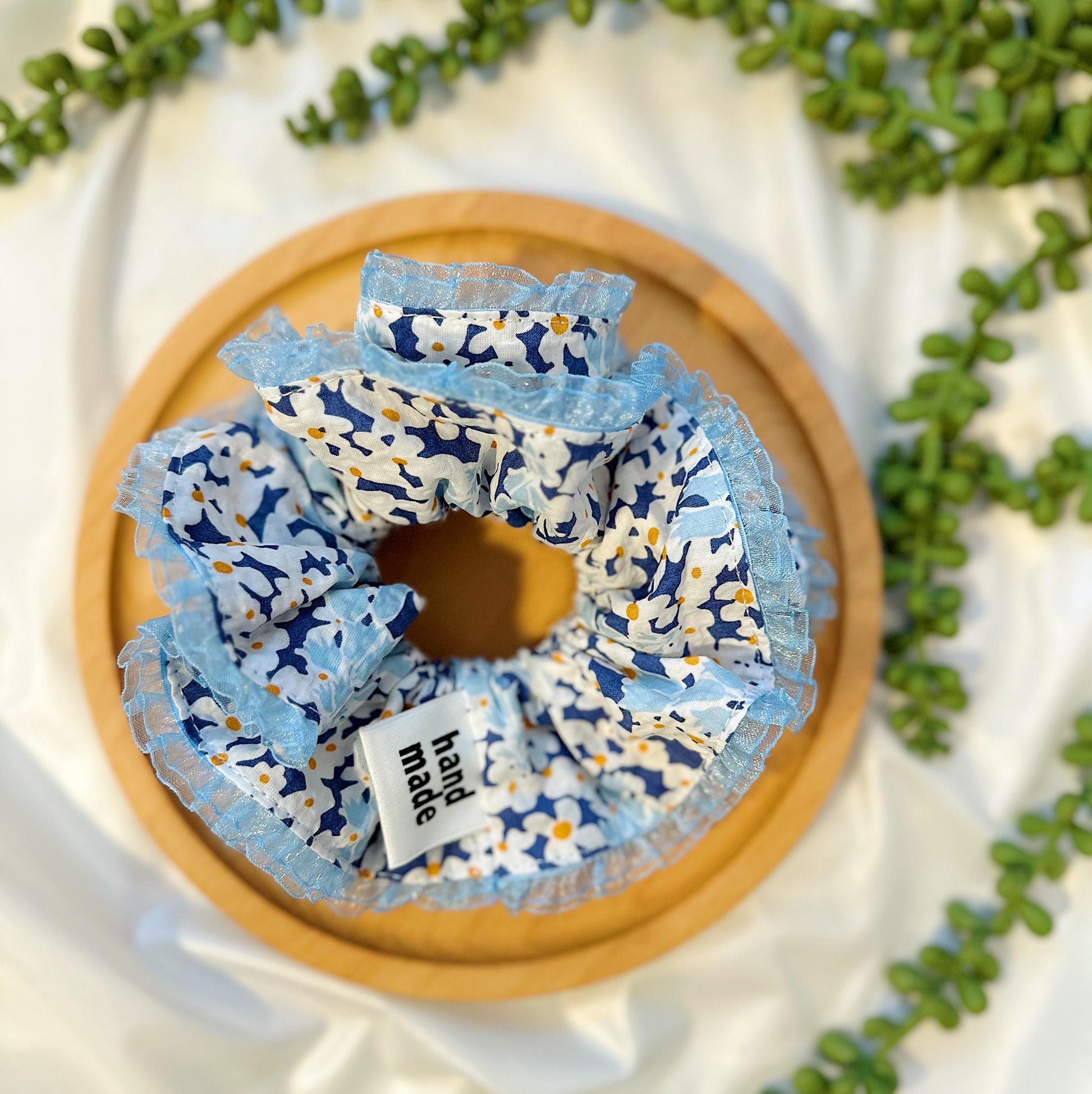 Double layer Scrunchies, Oversized Blue Floral Scrunchies, Frilly Scrunchies gifts for her, Valentine’s gifts for her, Scrunchies for Spring