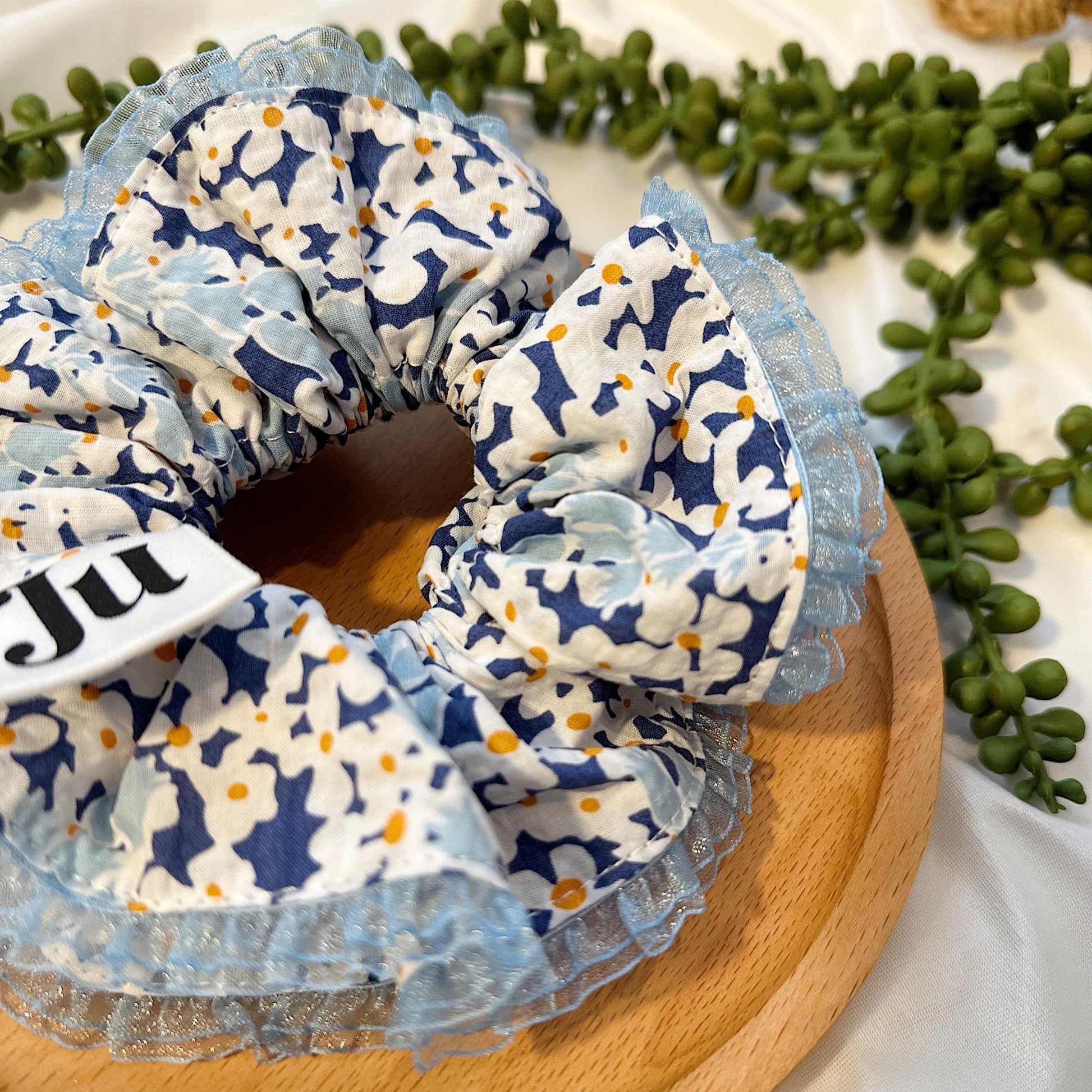 Double layer Scrunchies, Oversized Blue Floral Scrunchies, Frilly Scrunchies gifts for her, Valentine’s gifts for her, Scrunchies for Spring