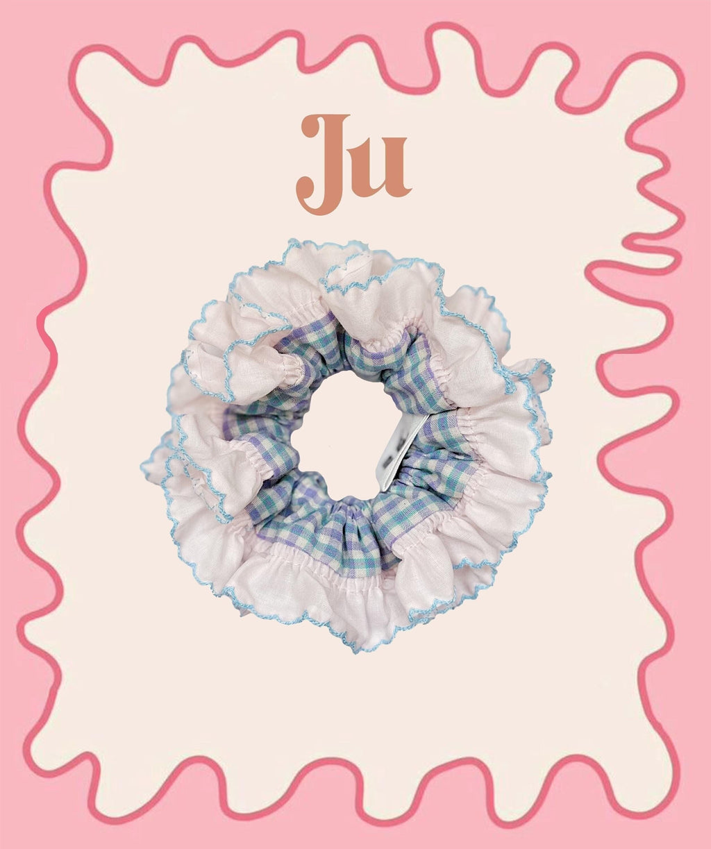 French Style Scrunchies Broderie Anglaise Pastel Gingham Scrunchies for summer Frilly Double layer Scrunchies for holiday Gift for Her
