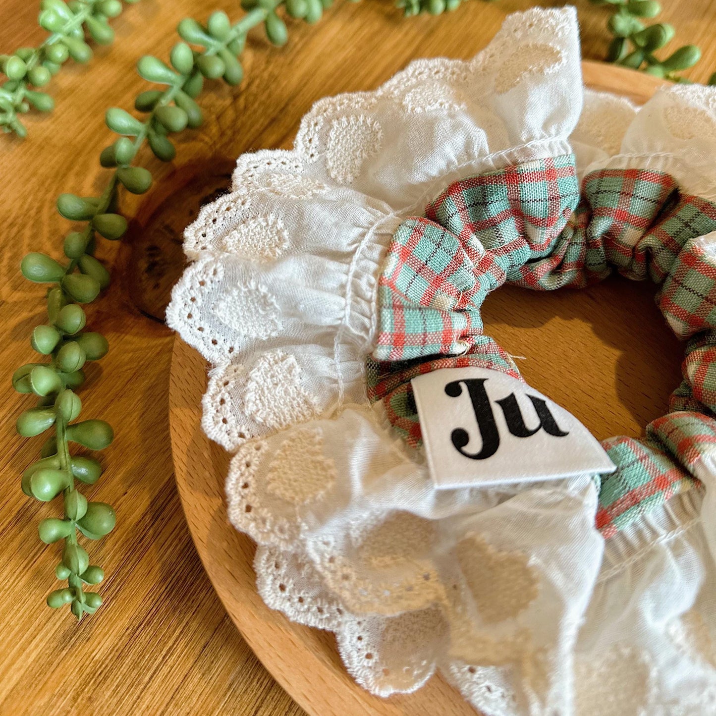 Green Scrunchies For Spring, Oversized Scrunchies, Large Broderie Anglaise Scrunchies, Frilly Scrunchies, Gingham Scrunchies Gift for Her