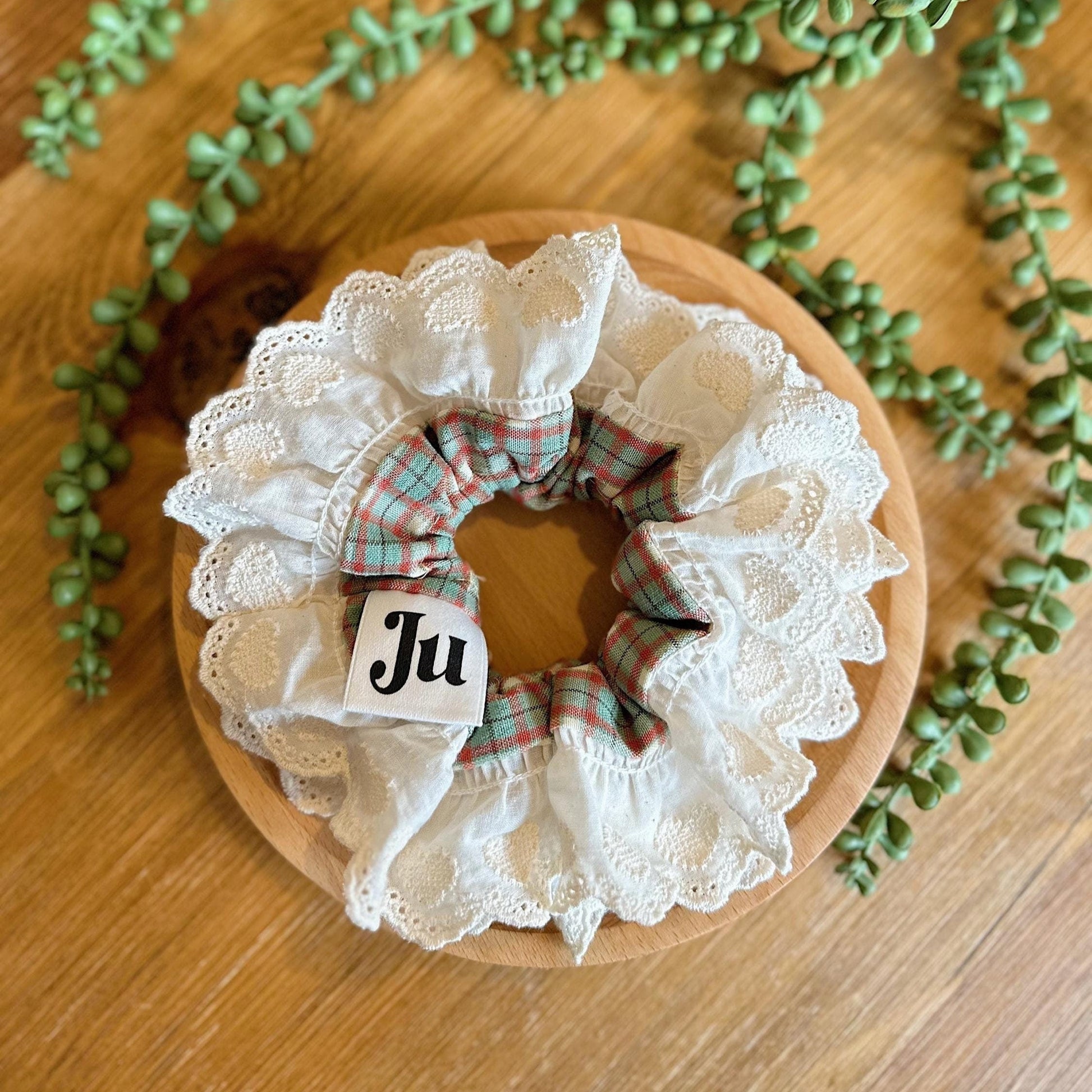 Green Scrunchies For Spring, Oversized Scrunchies, Large Broderie Anglaise Scrunchies, Frilly Scrunchies, Gingham Scrunchies Gift for Her