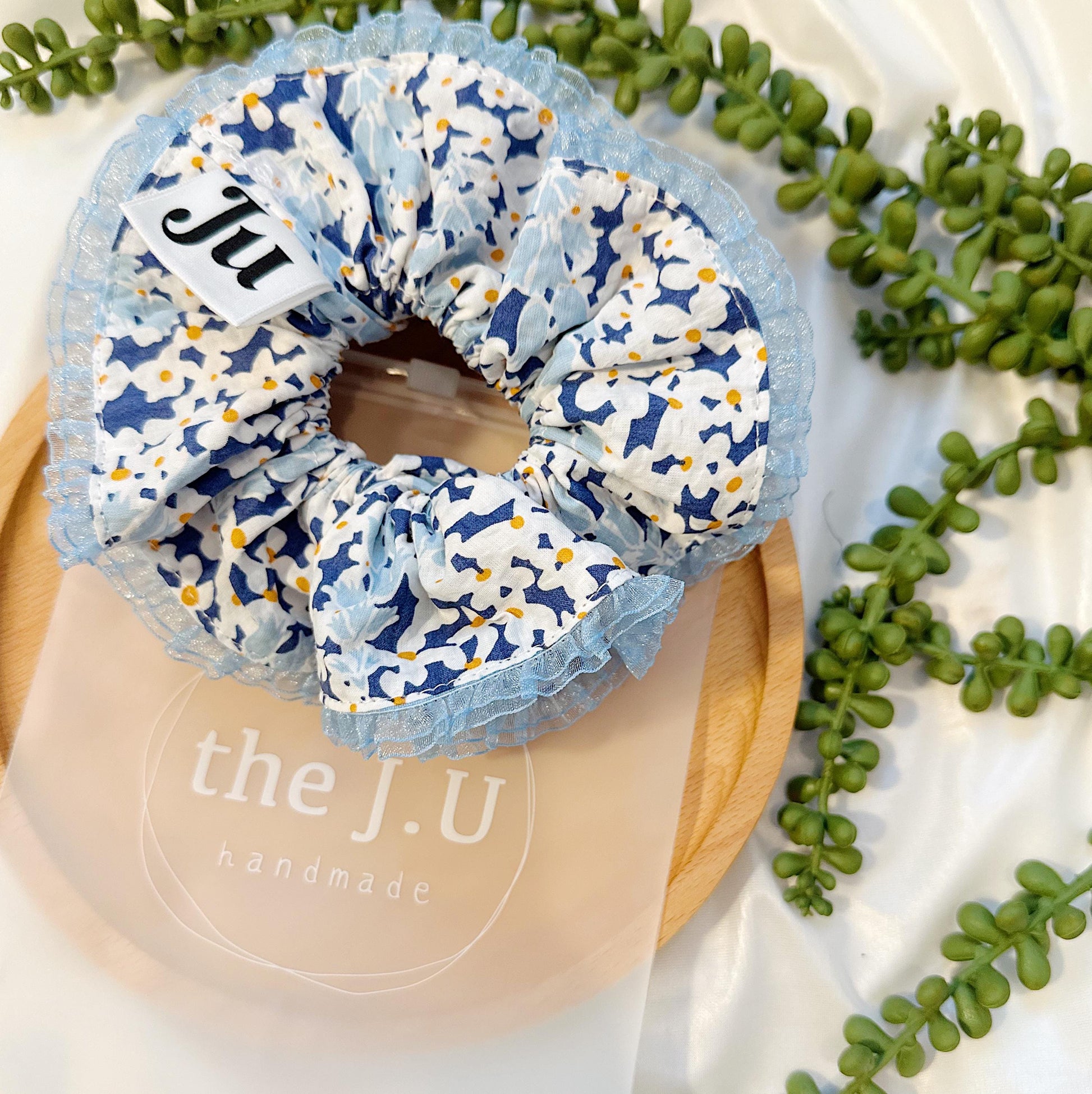 Double layer Scrunchies, Oversized Blue Floral Scrunchies, Frilly Scrunchies gifts for her, Valentine’s gifts for her, Scrunchies for Spring