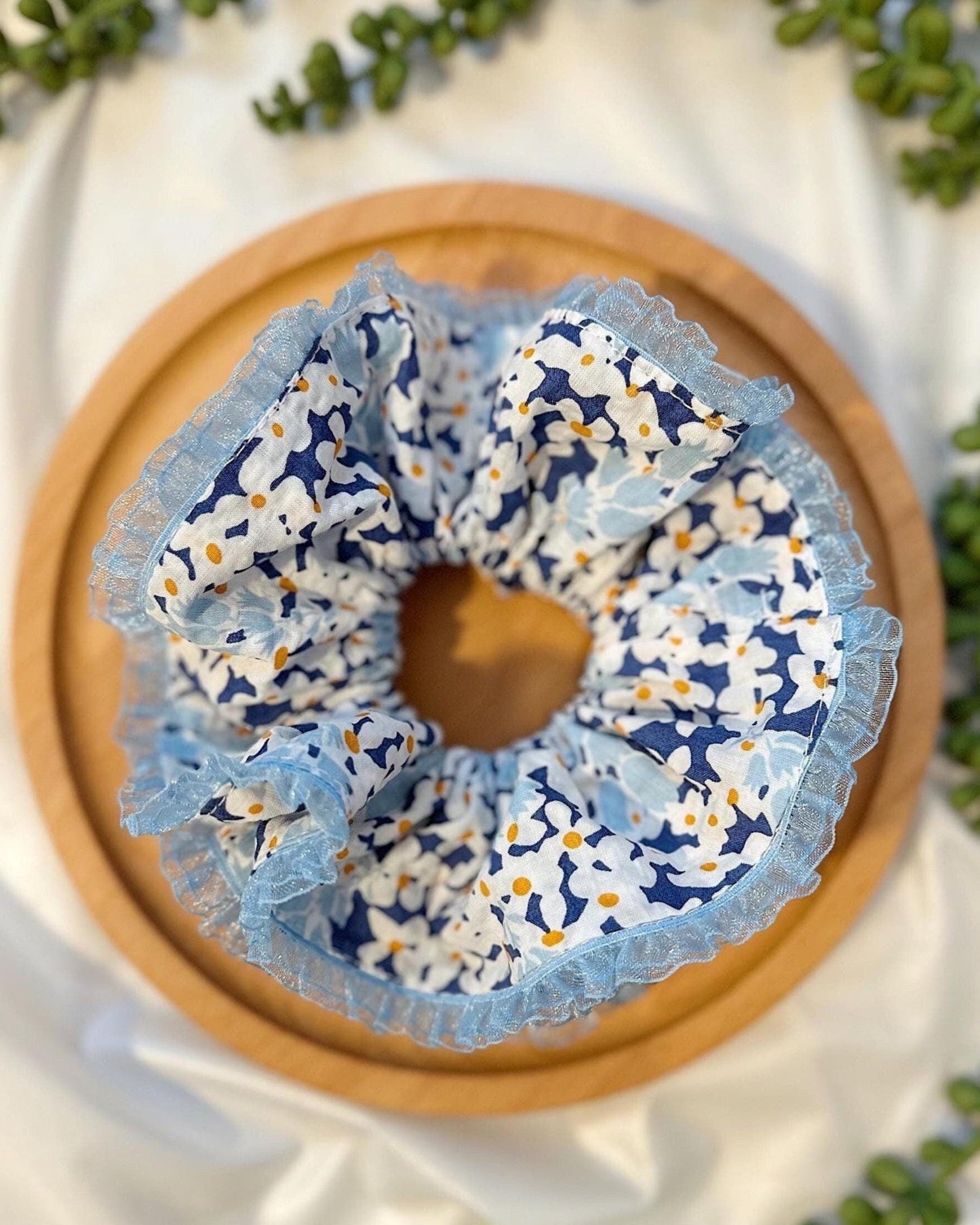 Double layer Scrunchies, Oversized Blue Floral Scrunchies, Frilly Scrunchies gifts for her, Valentine’s gifts for her, Scrunchies for Spring