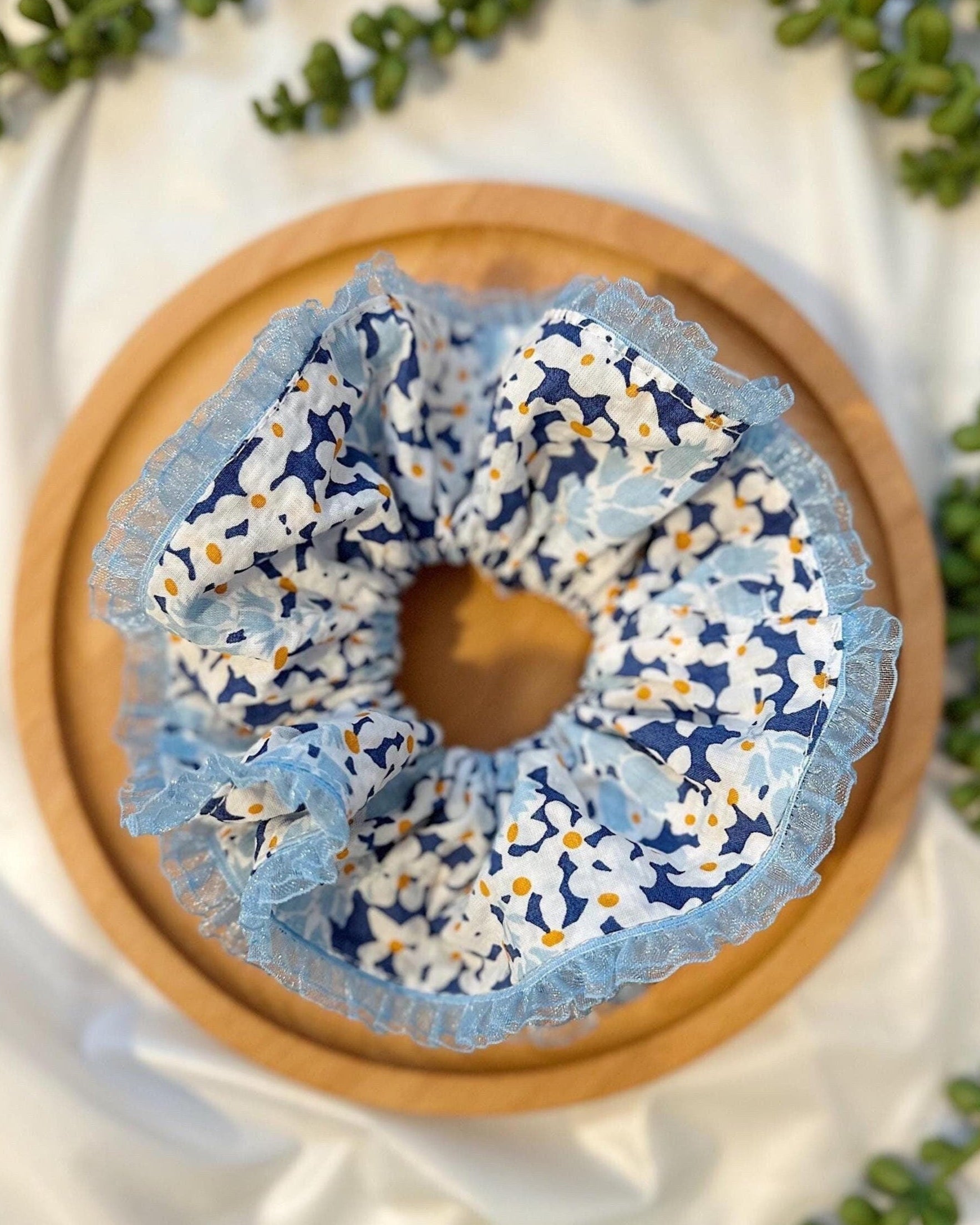 Double layer Scrunchies, Oversized Blue Floral Scrunchies, Frilly Scrunchies gifts for her, Valentine’s gifts for her, Scrunchies for Spring