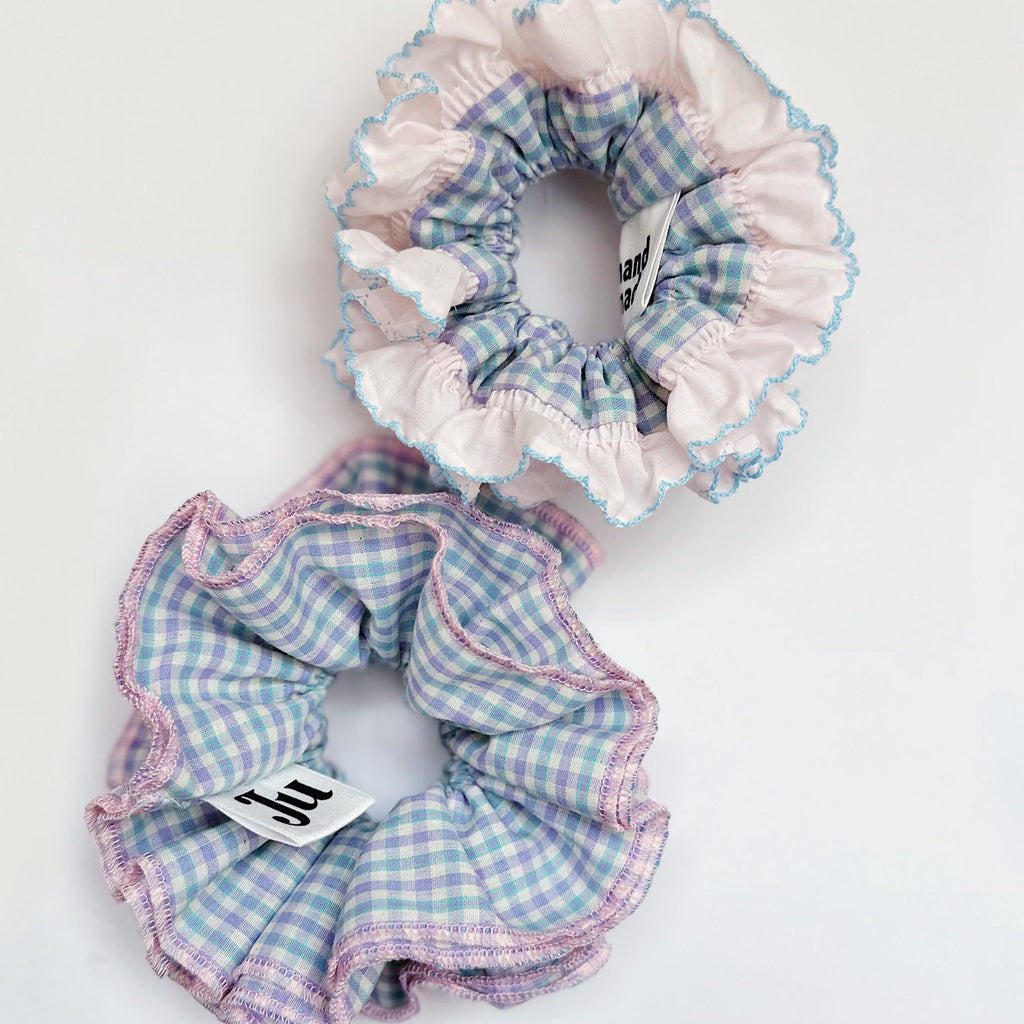 French Style Scrunchies Broderie Anglaise Pastel Gingham Scrunchies for summer Frilly Double layer Scrunchies for holiday Gift for Her