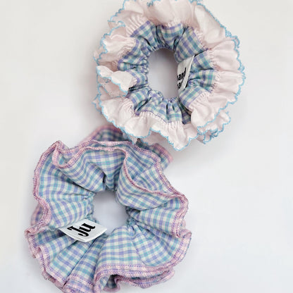 French Style Scrunchies Broderie Anglaise Pastel Gingham Scrunchies for summer Frilly Double layer Scrunchies for holiday Gift for Her