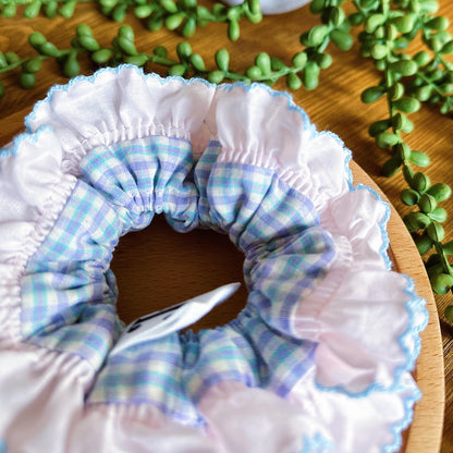 French Style Scrunchies Broderie Anglaise Pastel Gingham Scrunchies for summer Frilly Double layer Scrunchies for holiday Gift for Her