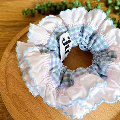 French Style Scrunchies Broderie Anglaise Pastel Gingham Scrunchies for summer Frilly Double layer Scrunchies for holiday Gift for Her