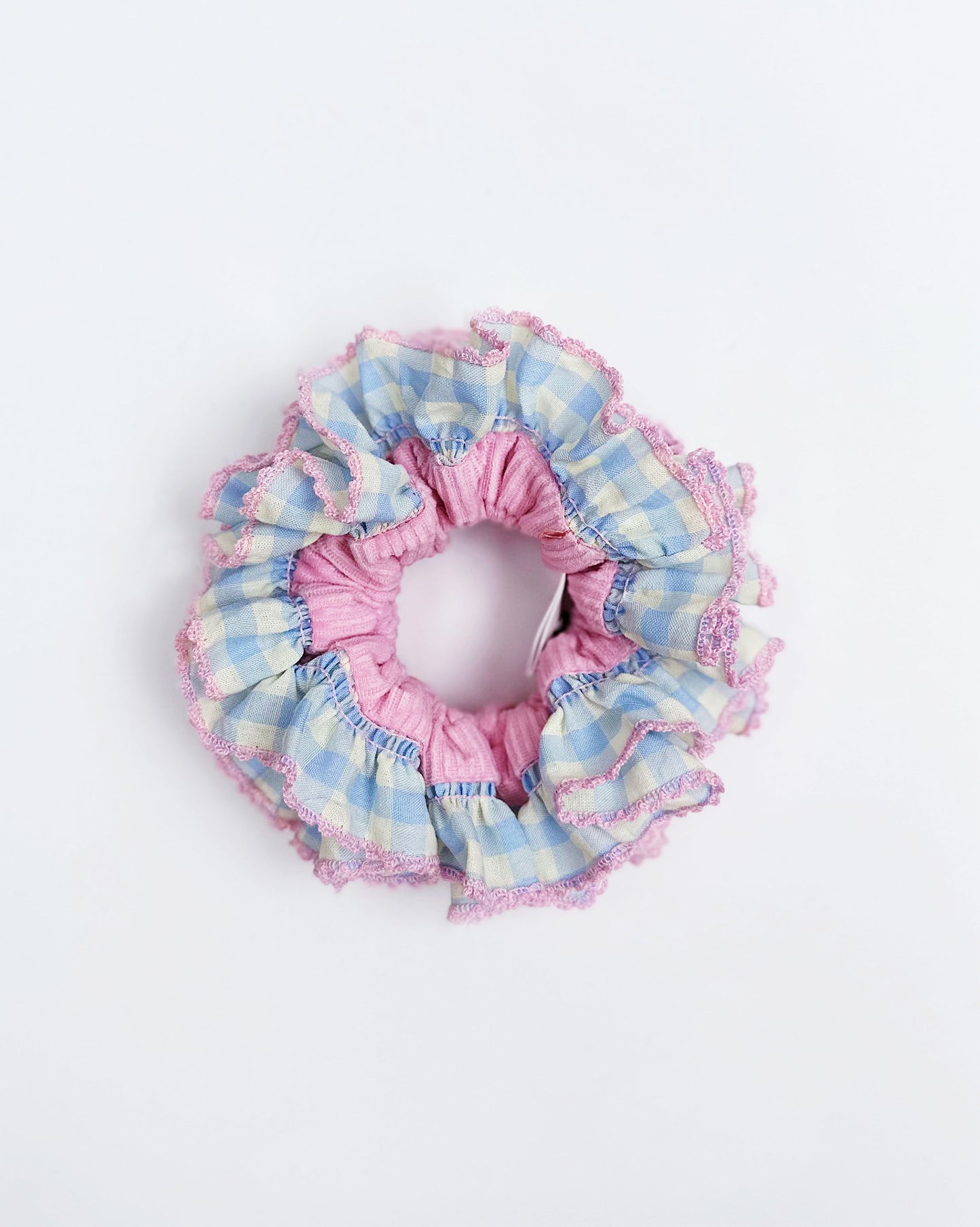 Pink Gingham Delight Scrunchie – Pastel Ruffle Velvet Hair Accessory