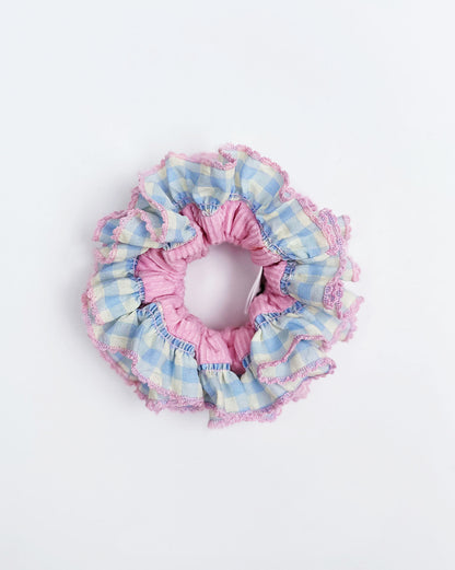 Pink Gingham Delight Scrunchie – Pastel Ruffle Velvet Hair Accessory