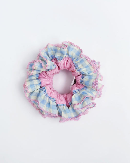 Pink Gingham Delight Scrunchie – Pastel Ruffle Velvet Hair Accessory