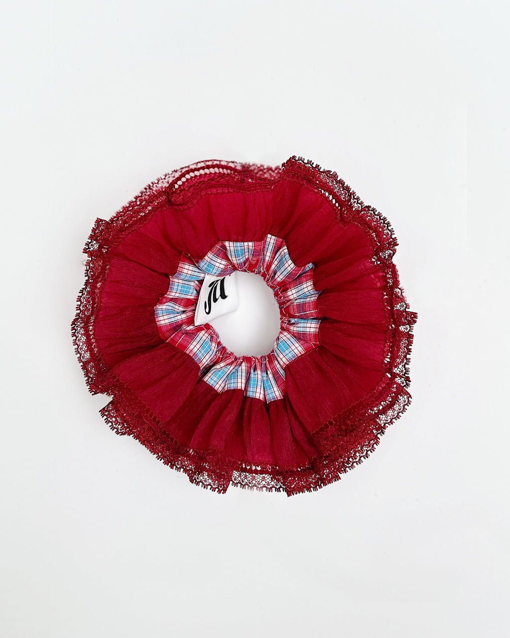 Crimson Charm Lace Scrunchie – Christmas Ruffle Hair Accessory