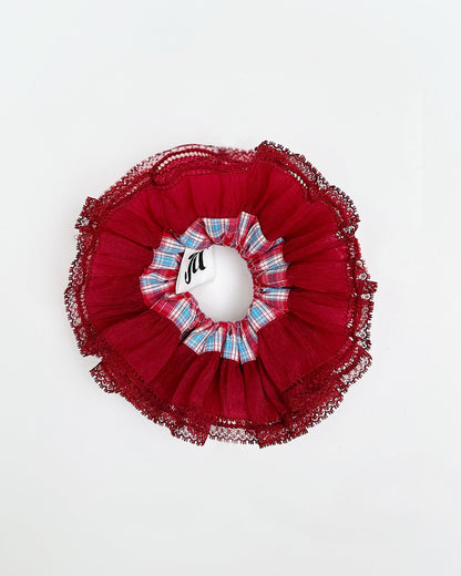 Crimson Charm Lace Scrunchie – Christmas Ruffle Hair Accessory