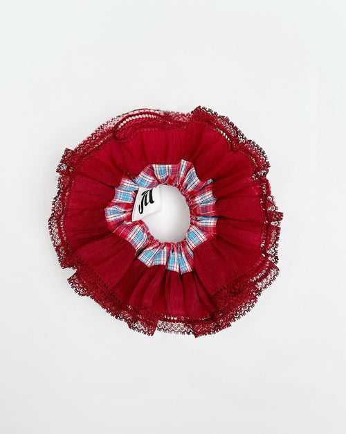 Crimson Charm Lace Scrunchie – Christmas Ruffle Hair Accessory