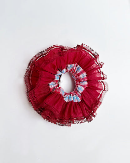 Crimson Charm Lace Scrunchie – Christmas Ruffle Hair Accessory