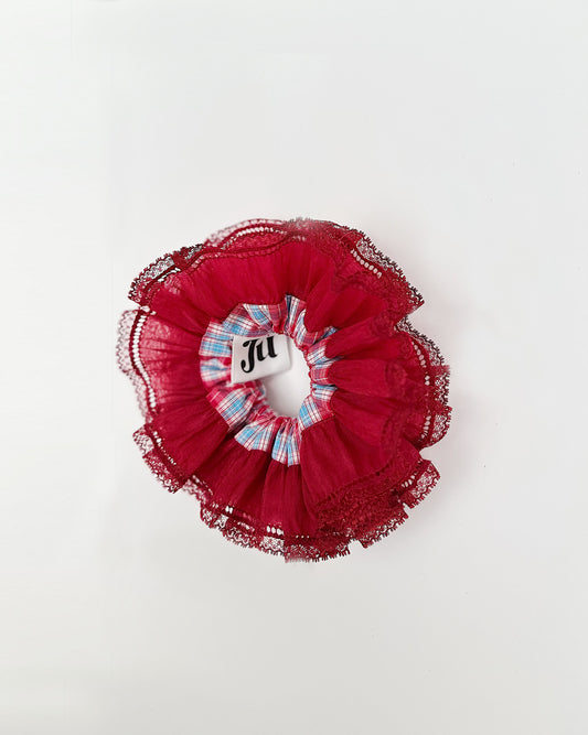 Crimson Charm Lace Scrunchie – Christmas Ruffle Hair Accessory