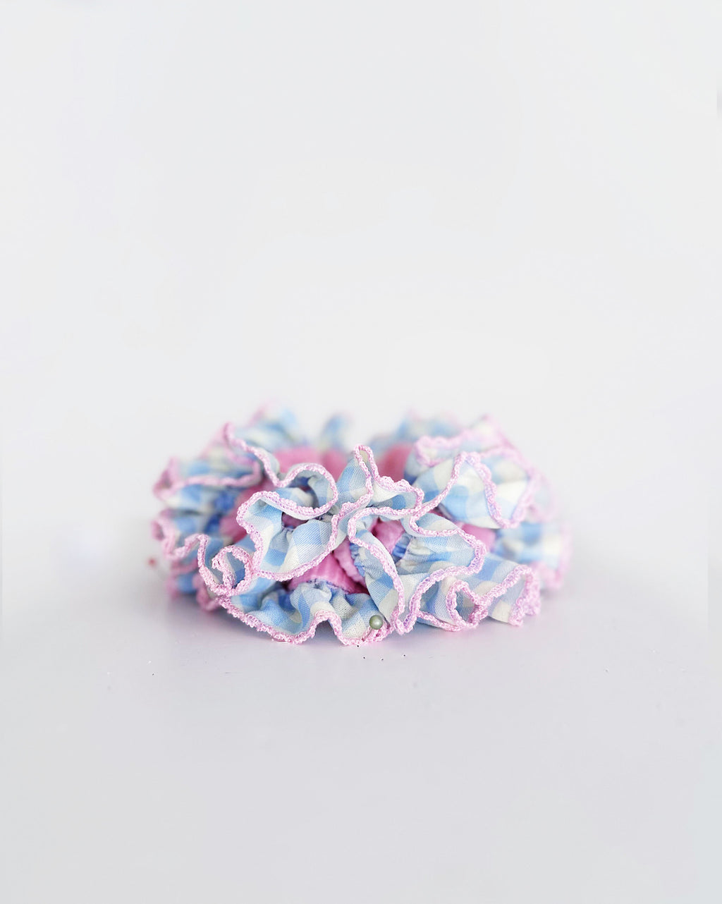 Pink Gingham Delight Scrunchie – Pastel Ruffle Velvet Hair Accessory
