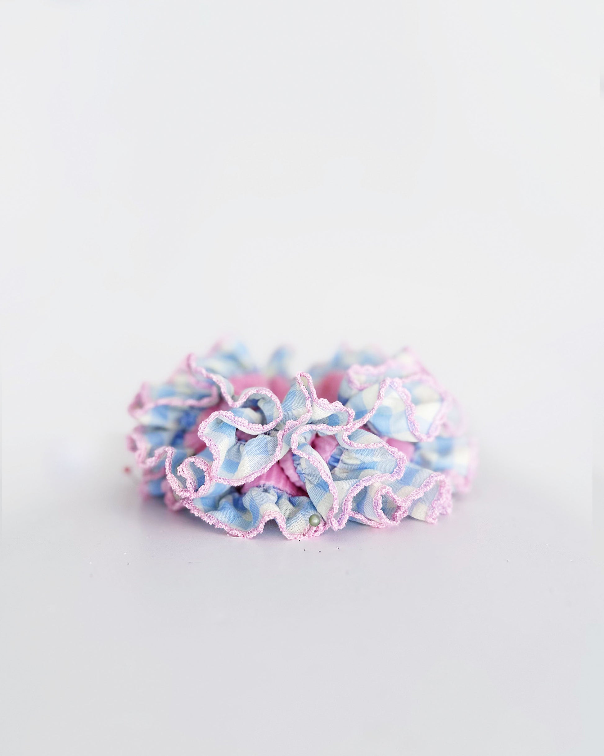 Pink Gingham Delight Scrunchie – Pastel Ruffle Velvet Hair Accessory