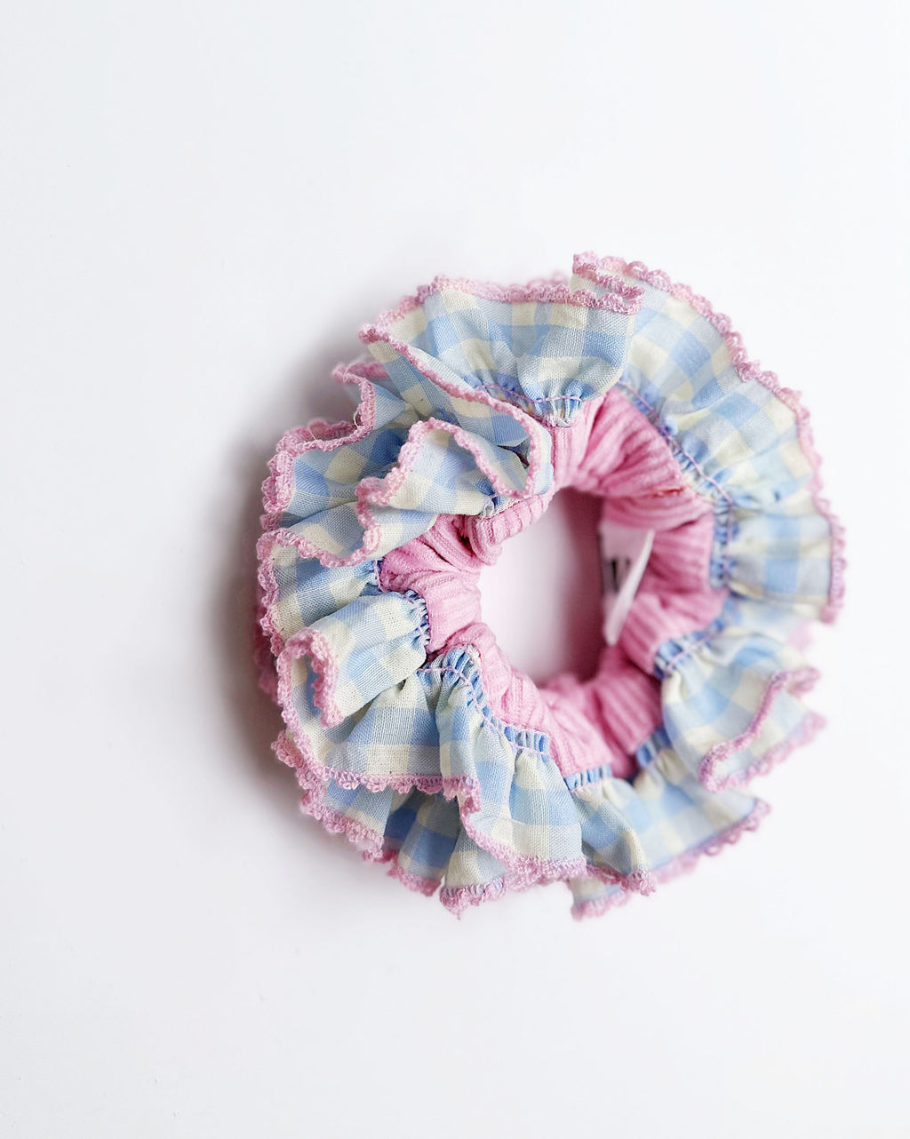 Pink Gingham Delight Scrunchie – Pastel Ruffle Velvet Hair Accessory