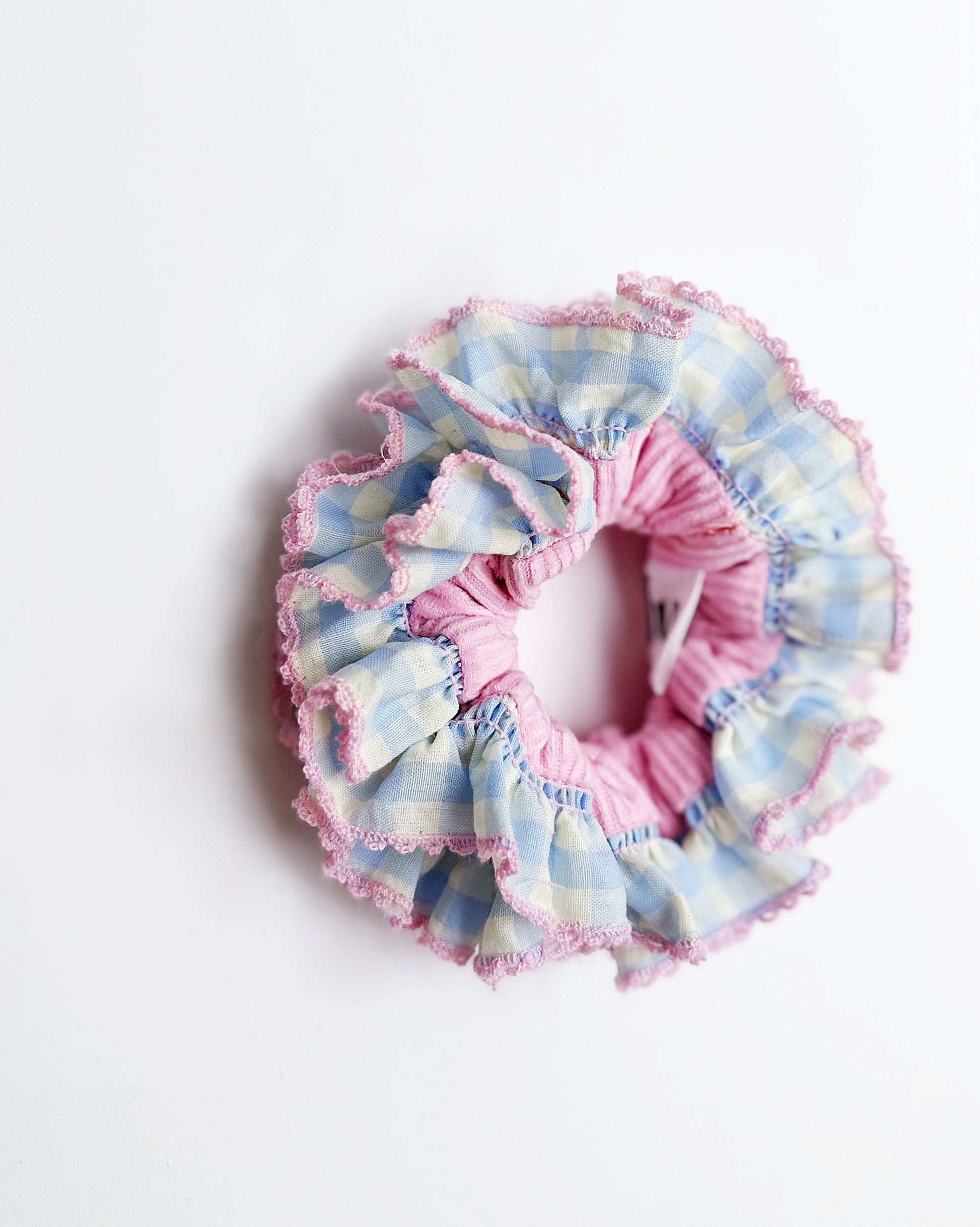 Pink Gingham Delight Scrunchie – Pastel Ruffle Velvet Hair Accessory