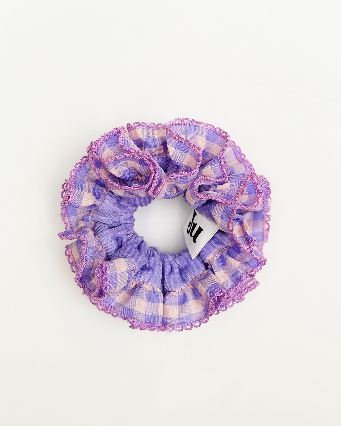 Lavender Frost Gingham Scrunchie – Festive Pastel Hair Tie