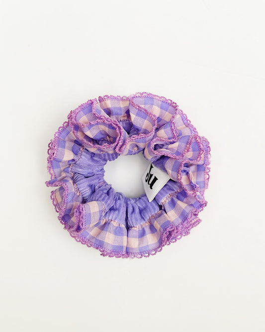 Lavender Frost Gingham Scrunchie – Festive Pastel Hair Tie