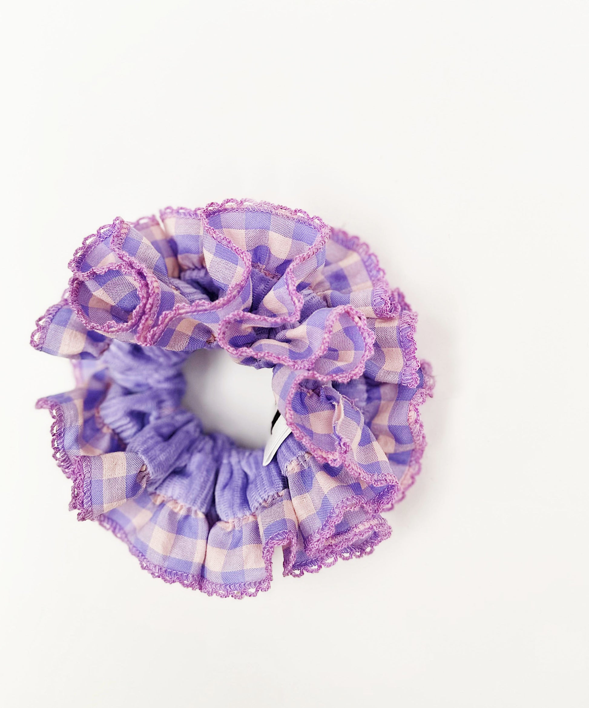 Lavender Frost Gingham Scrunchie – Festive Pastel Hair Tie